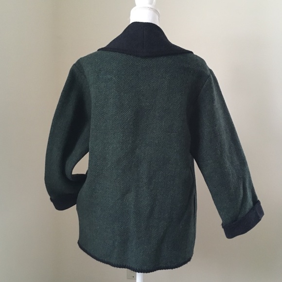 Vintage green herringbone Shawl-collar boiled wool jacket toggle closure - Picture 3 of 9